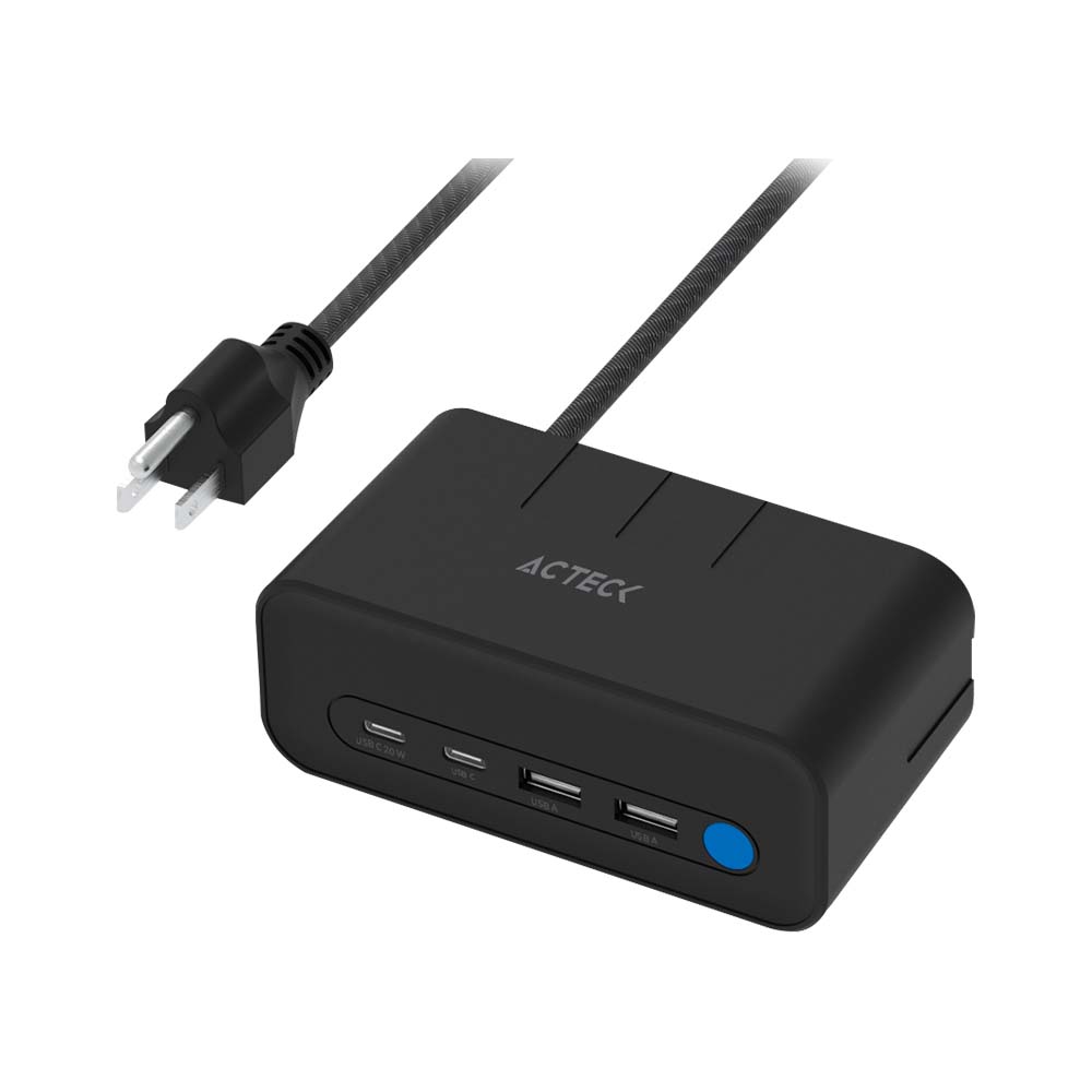 Cargador de escritorio Acteck Energon Mate CE676, 3 Contactos, 2x USB-A, 2x USB-C, 125V, 1.85 Metros, Negro