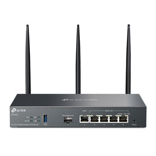 Ruteador Inalambrico TP-Link AX 3000, Omada ER706W, antenas 3, Doble banda, 6 Puertos 1-SPF 5-RJ45, Gigabit