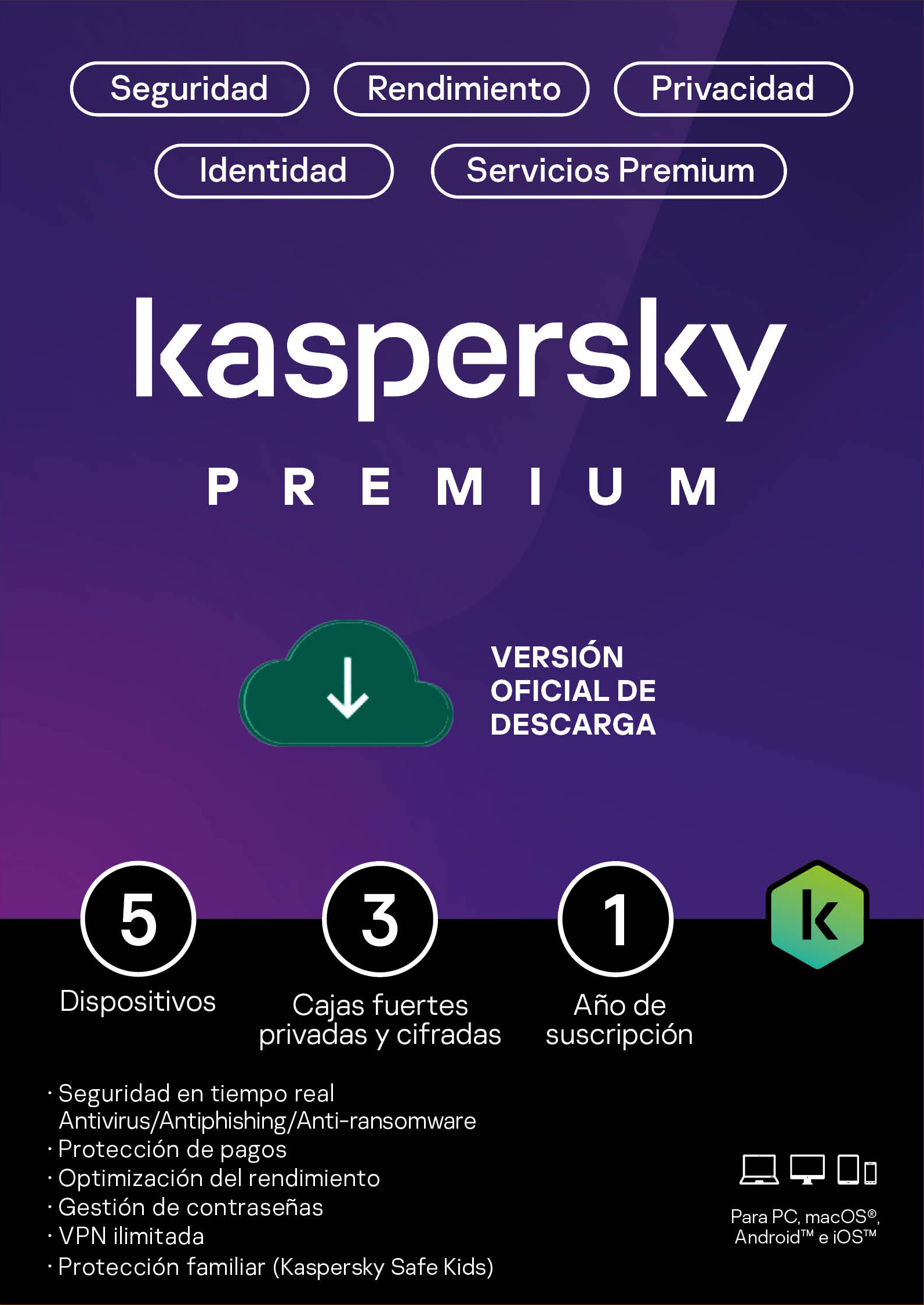 Licencia Kaspersky PREMIUM + CUSTOMER SUPPORT/ 5 Dispositivos/ 3 Cuentas KPM/ 1 ano/ Base