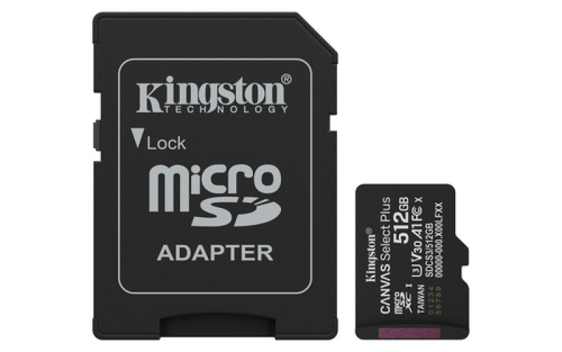 Memoria Micro SD Kingston 512GB, Technology Canvas Select Plus Gen3, Velocidad 150 MB/s, Clase 10