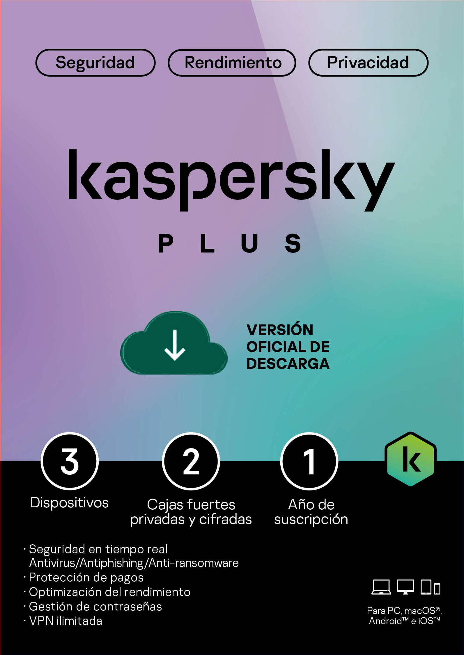 Licencia Electronica ESD Kaspersky PLUS / 3Dispositivos / 2 Cuentas KPM / 365 dias /Base