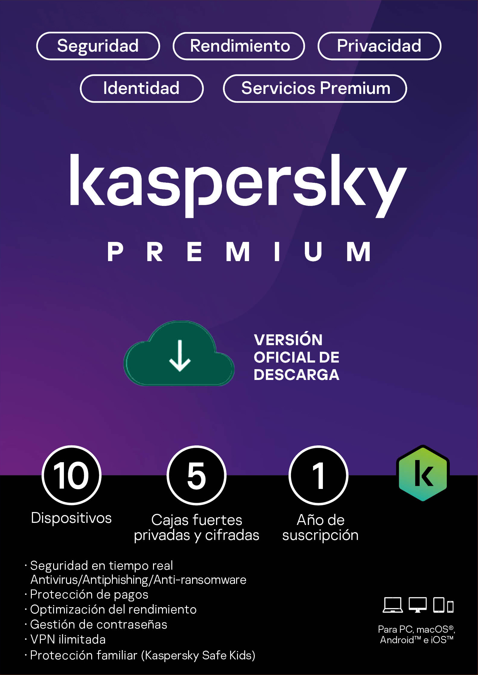 Licencia Kaspersky PREMIUM + CUSTOMER SUPPORT / 10 Dispositivos / 5 Cuentas KPM / 365 dias / Electronica ESD