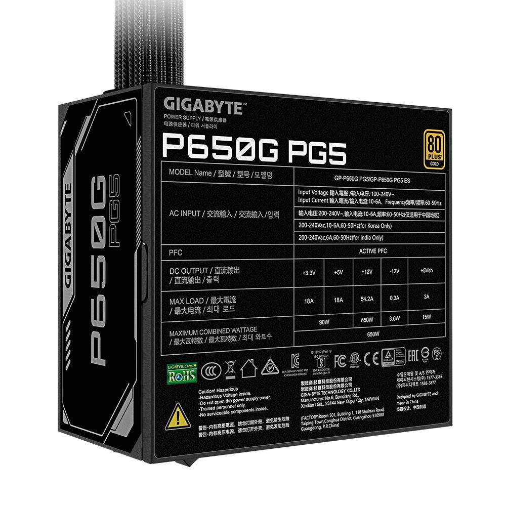 Miniatura 2 de Fuente de Poder Gigabyte GP-P650G PG5 80 PLUS Gold ATX, 24-pin ATX, 12VHPWR, 120mm, 650W
