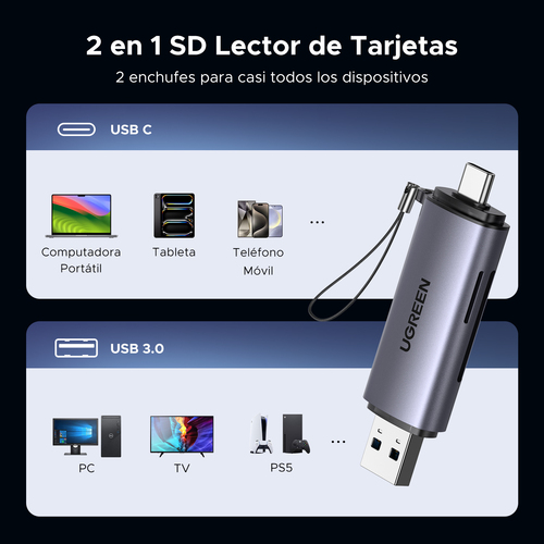 Miniatura 4 de Lector de Memorias Ugreen, Interfaz USB-A/USB-C, MicroSD, SD, Hasta 2TB, Plata