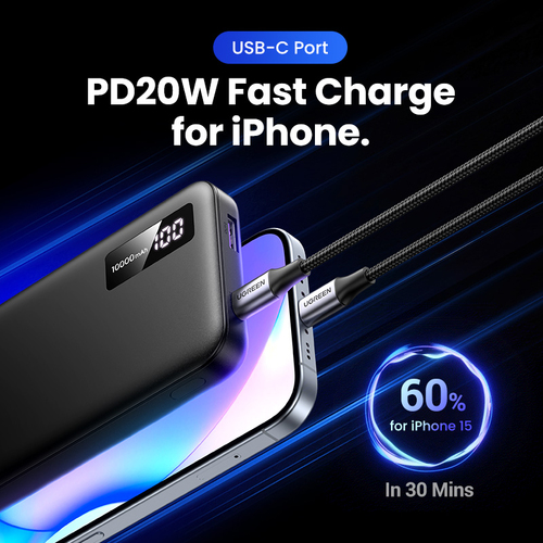 Miniatura 2 de Power Bank Ugreen 10000 mAh, USB-A, USB-C, Indicador Led, Carga Rapida 20W, Negro