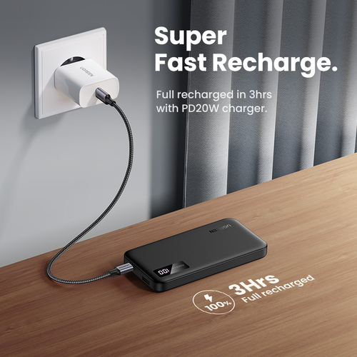 Miniatura 5 de Power Bank Ugreen 10000 mAh, USB-A, USB-C, Indicador Led, Carga Rapida 20W, Negro