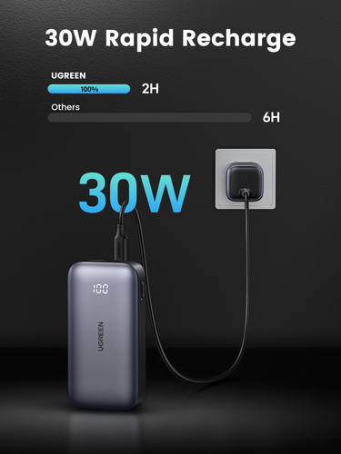 Miniatura 5 de Power Bank Mini Ugreen 10000 mAh, USB-A, USB-C, Indicador Led, Carga Rapida 30W, Gris