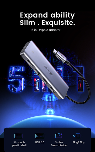 Miniatura 3 de Hub Ugreen Interfaz USB-C 3.2, 4x USB-A 3.0, 5 Gbit/s, Gris