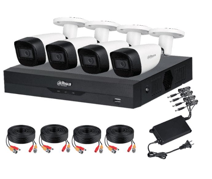 Kit de Vigilancia Dahua CCTV, DVR 4 Canales, 4 Camaras Bala, 1MP, Con accesorios