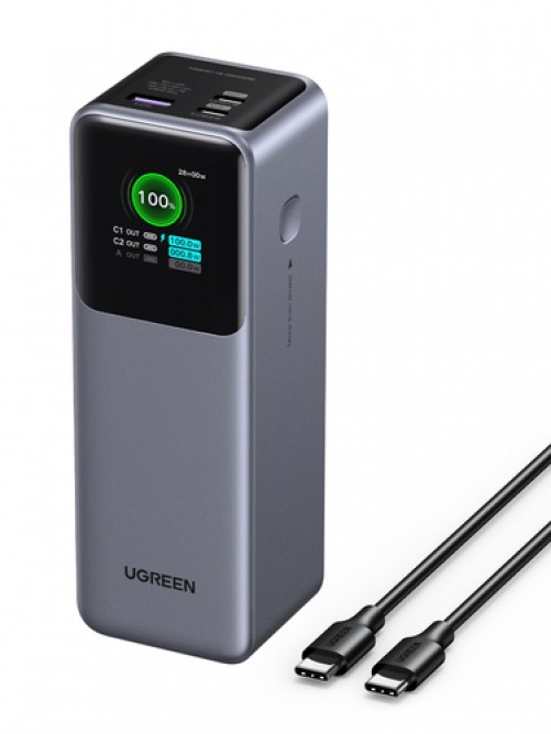 Power Bank Ugreen 25000mAh, hasta 140W, Pantalla Inteligente, 1x USB-A, 2x USB-C, Gris