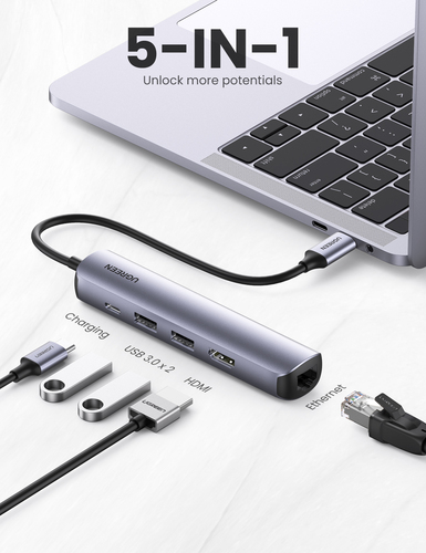 Miniatura 2 de Docking Station Ugreen, 5 Puertos, Interfaz USB-C, 2x USB-A, 1x HDMI, 1x RJ45, 1x USB-C PD, Gris/Negro