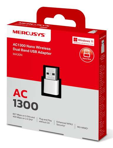 Miniatura 3 de Tarjeta de red Mercusys MA30N USB, 1300 Mbit/s, Alambrico, Blanco