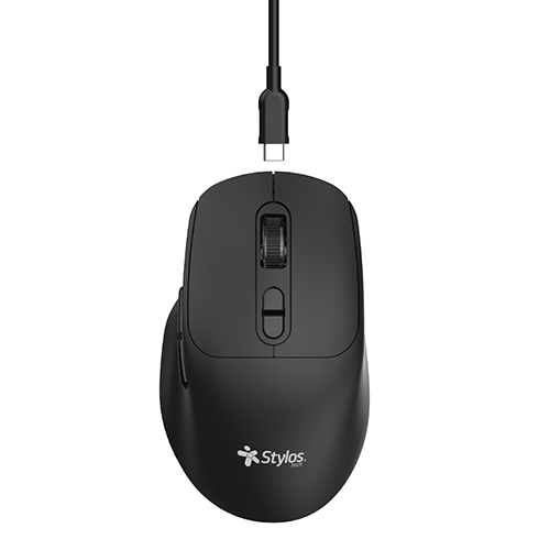 Mouse Inalambrico Stylos STPMOI8B, 7 Botones, 1600 DPI, Recargable, negro