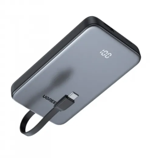 Power Bank Ugreen 10000 MAh, Cable USB-C Incorporado, USB-A, Indicador Led, 20W, Gris