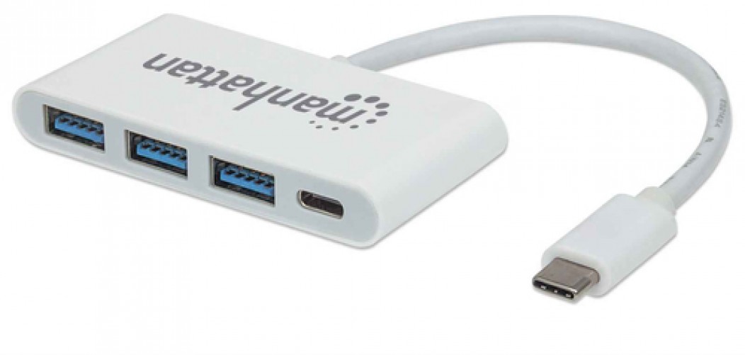 Hub Manhattan 4 Puertos, Interfaz USB-C, 3x USB-A, 1x USB-C, 5 Gbit/s, Blanco