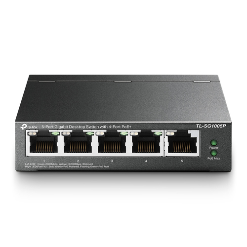 Switch TP-Link TL-SG1005P No administrado, RJ-45 5, Gigabit Ethernet (10/100/1000), 4 POE, Negro