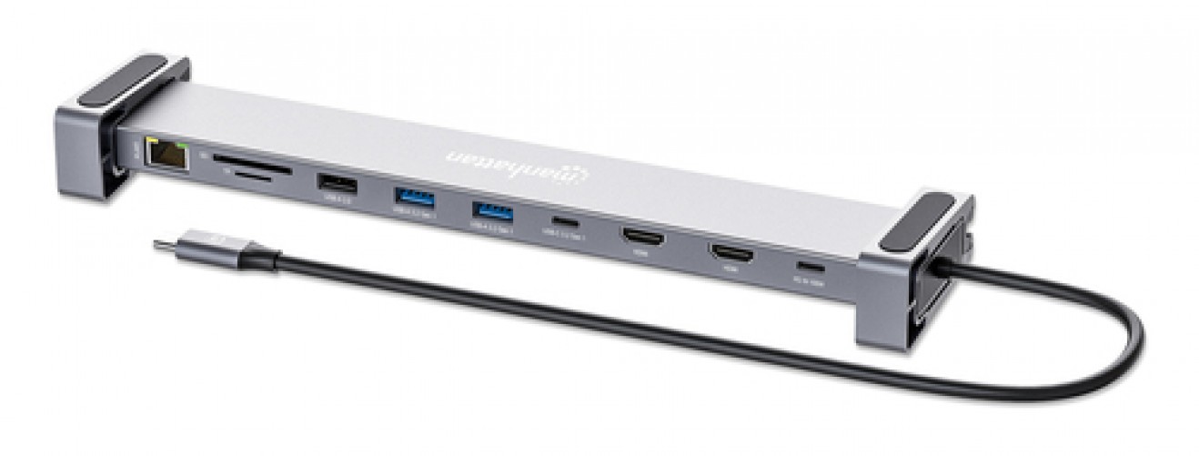 Docking Station MANHATTAN 190398 USB-C con 10 puertos, MST, 2x HDMI, 3x USB-A, USB-C PD, RJ-45, SD/microSD