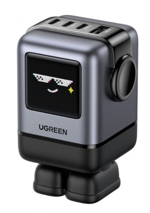 Cargador RobotGaN de 100W Serie UNO | 4 Puertos de Carga Ra?pida | 3 USB-C | 1 USB-A | PD 3.0 | QC 4.0 | Carga Inteligente | Tecnologa?a GaN II | Zapato Magna?tico Extraa?ble | Carcasa Ignifuga | Pantalla LED