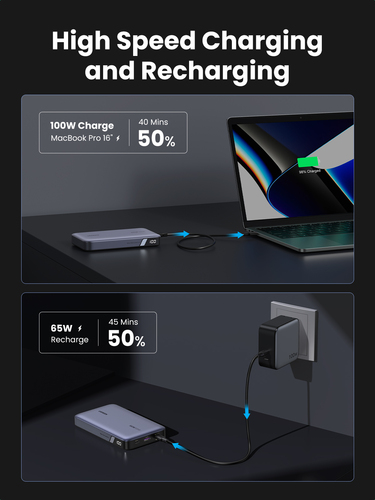 Miniatura 4 de Power Bank Ugreen 20000 mAh, hasta 100W, 1x USB-A, 2x USB-C, Gris