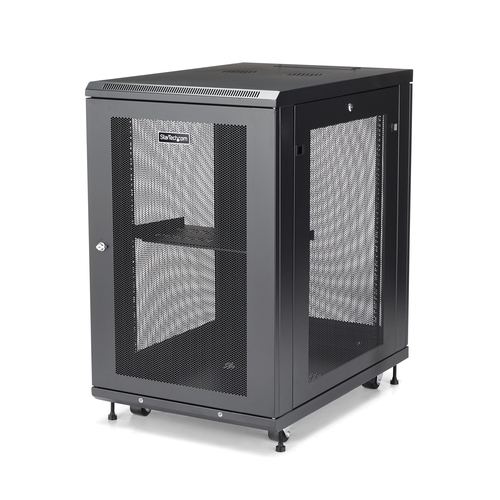 Rack StarTech.com Tipo Rack o bastidor independiente, Capacidad del rack 18U, 4 postes, Acero, Peso Max. 450 kg, Color Negro, Incluye tuercas Si