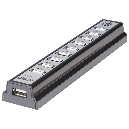 HUB Manhattan USB de Alta Velocidad de escritorio Interfaz USB 2.0, Plástico, Cantidad de puertos 10, 10 USB 2.0, Velocidad 480 Mbit/s, Color Negro, Plata