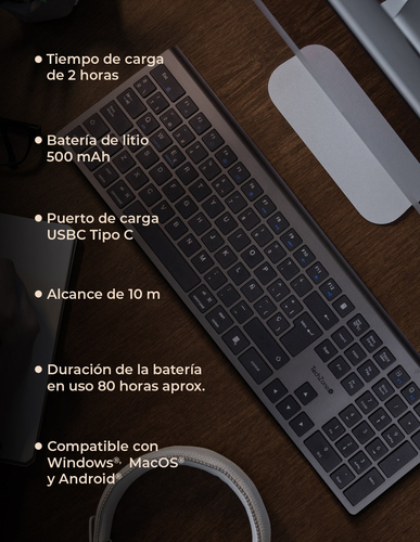 Miniatura 5 de Teclado TechZone TZACTCB01 Inalámbrico, RF inalámbrico + bluetooth, Negro, Plata