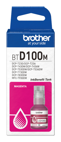 Botella de tinta Brother BTD100M Magenta, 48.8 ml, Compatibilidad MFC-T930DW, DCP-T830DW, DCP-T730DW, DCP-T530DW, DCP-T430W, DCP-T230