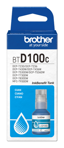 Botella de tinta Brother BTD100C Cian, 48.8 ml, Compatibilidad MFC-T930DW, DCP-T830DW, DCP-T730DW, DCP-T530DW, DCP-T430W, DCP-T230