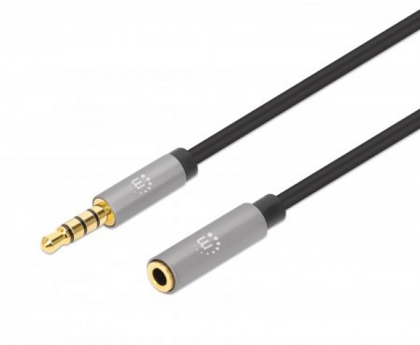 Cable de audio Manhattan Extensión de Cable Auxiliar de Audio Estéreo 3,5mm a 3,5mm, 2 m, Negro, Plata