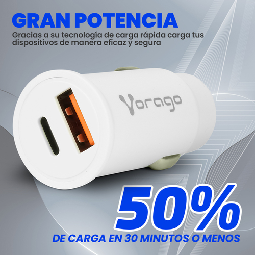 Miniatura 4 de Cargador Vorago 12 - 24 V, Universal, Auto, 1USB-C, Carga rápida, 20 W, Blanco