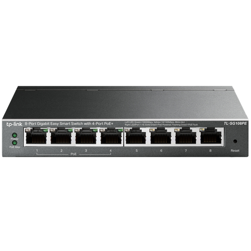 Switch TP-Link TL-SG108PE Gestionado, L2, RJ-45 8, Gigabit Ethernet (10/100/1000), (PoE +) 4, 4 POE, Negro