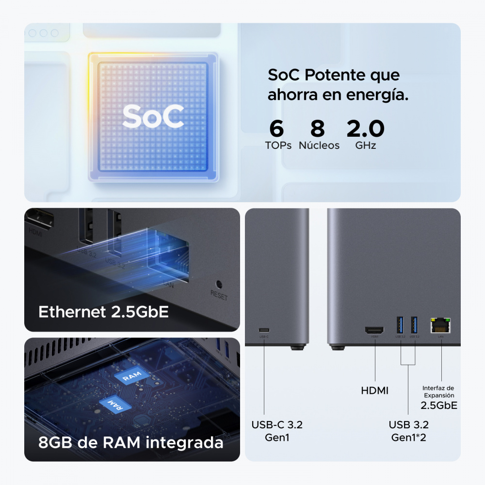 Miniatura 3 de NAS Ugreen DH4300 PLUS, UGOS PRO, RK3588C, RAM 8GB, SATA, 4 Bahias Soporta 120TB (No Incluye Disco), Acceso Remoto, Gris