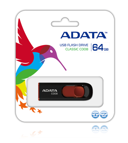 Miniatura 2 de Memoria usb ADATA C008 64GB 64GB, 2.0, Factor de forma Deslizar, Negro/Rojo