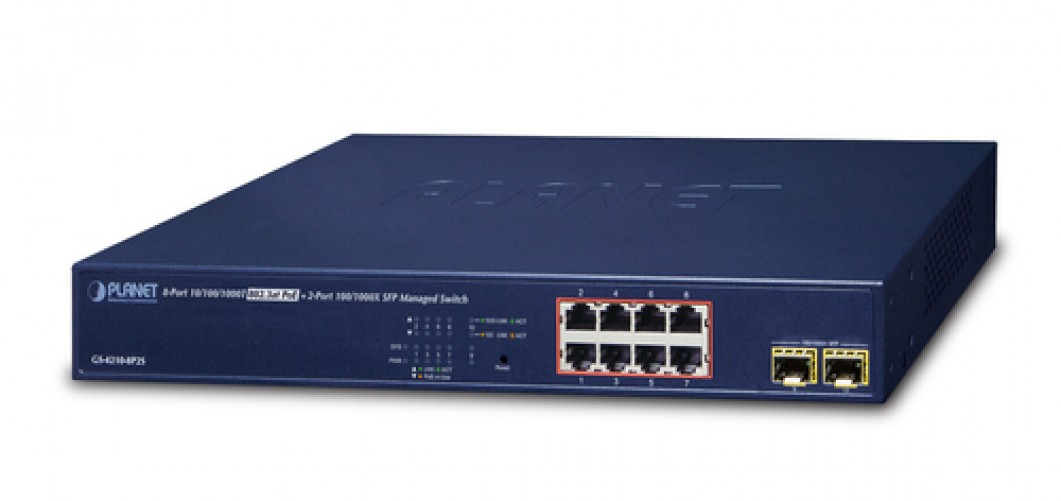 Switch PLANET GS-4210-8P2S Gestionado, RJ-45 8, Gigabit Ethernet (10/100/1000), 8 POE, 1U, Azul