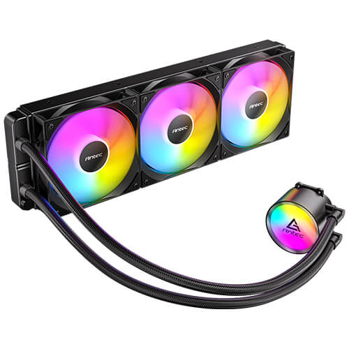 Enfriamiento Liquido ANTEC Omni 360 ARGB, radiador de 360 mm, tres ventiladores PWM de 120 mm, bomba espejo ARGB, compatibilidad Intel y AMD.