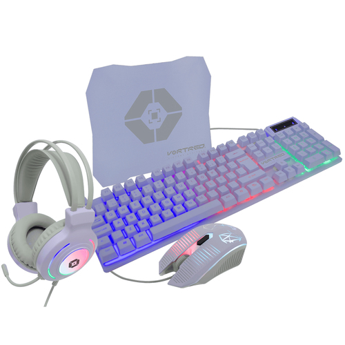 Kit Teclado y Mouse Vortred Berry USB, Retroiluminado, Alámbrico, 3600 DPI, Blanco