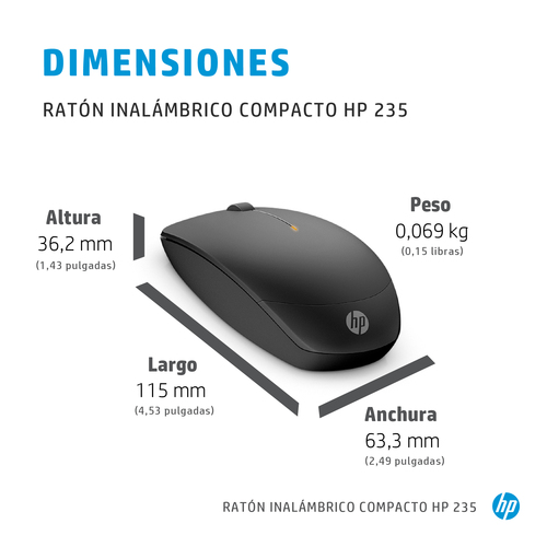 Miniatura 3 de Mouse HP Mouse inalámbrico compacto 235 Óptico, 3 Botones, 1600 DPI, RF inalámbrico, Negro