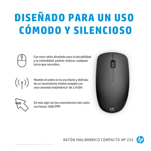 Miniatura 2 de Mouse HP Mouse inalámbrico compacto 235 Óptico, 3 Botones, 1600 DPI, RF inalámbrico, Negro