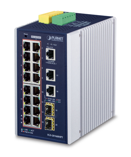 Switch PLANET IGS-20160HPT Gestionado, L2/L3, RJ-45 18, Gigabit Ethernet (10/100/1000), 16 POE, Azul, Blanco