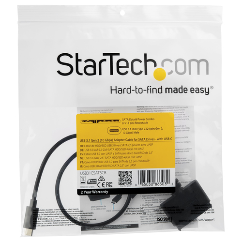 Miniatura 3 de Docking Station StarTech.com Cable Adaptador USB 3.1 Gen 2 de 10Gbps a SATA para unidades de disco de 2.5 Pulgadas - USB-C, Negro, 10 Gbit/s, CE, FCC, REACH, 0 - 70 °C, -10 - 55 °C, 43 mm