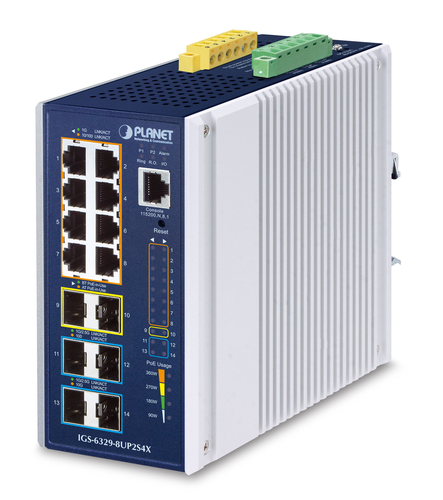 Switch Industrial Capa 3 de 8 Puertos 10/100/1000T PoE 802.3bt, 2 Puertos SFP 1 G/2.5 G, 4 Puertos SFP 10G, Instalacia³n en Pared o Puerto DIN.