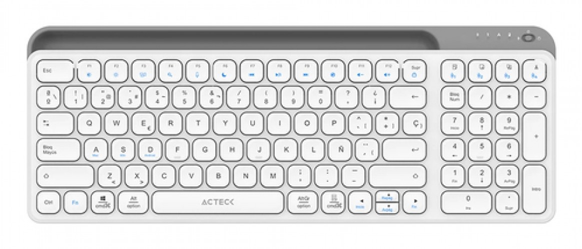 Teclado Acteck Inspire Trek TI747 Español, Inalámbrico, RF inalámbrico + bluetooth, Interruptor de llave de tijera, Gris, Blanco