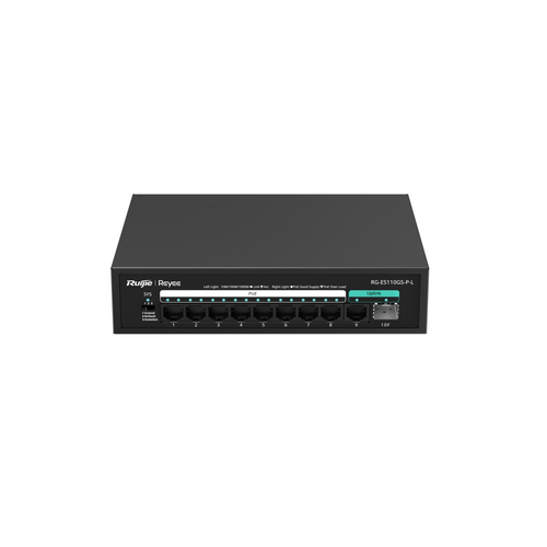 Switch Ruijie Networks RG-ES110GS-P-L No administrado, RJ-45 8, Gigabit Ethernet (10/100/1000), (PoE +) 8, Negro