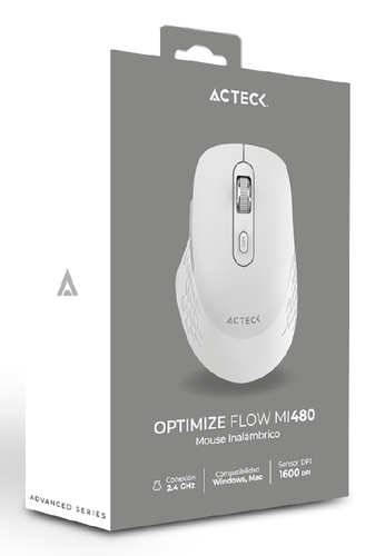 Miniatura 2 de Mouse Acteck Optimize Flow MI480 Óptico, 6 Botones, 1600 DPI, RF inalámbrico, 10 m, Blanco