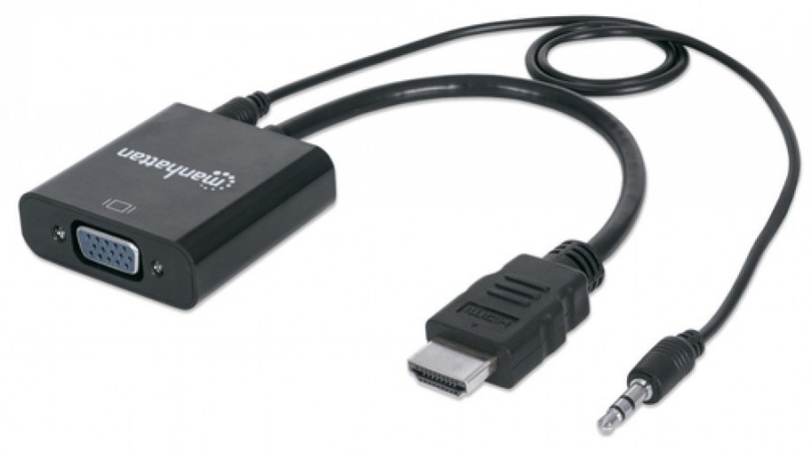 Adaptador vídeo Manhattan Convertidor HDMI a VGA HDMI + 3.5mm a VGA (D-Sub), 0.3 m, Negro