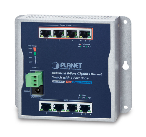Switch PLANET WGS-804HP No administrado, L2, RJ-45 8, Gigabit Ethernet (10/100/1000), (PoE +) 4, Negro