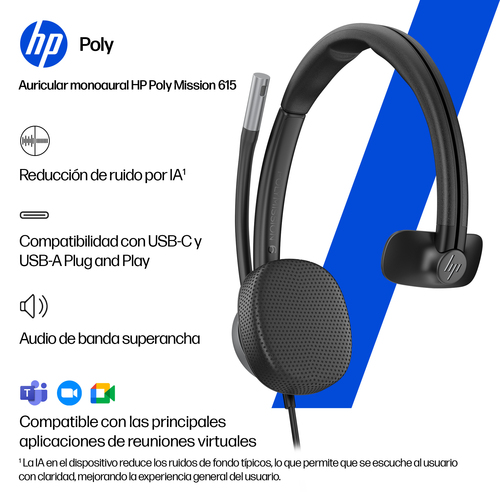Miniatura 3 de Audífonos HP Poly Mission 615 Monaural USB Wired Headset Diadema, Alámbrico, Negro