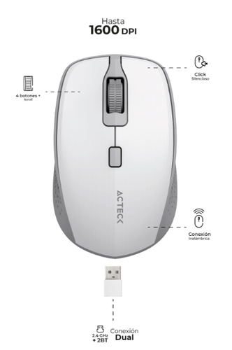 Mouse Acteck OPTIMIZE TRIP MI 670 Óptico, 4 Botones, 1600 DPI, RF inalámbrico, Blanco