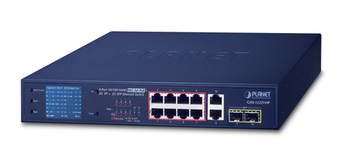 Switch PLANET GSD-1222VHP No administrado, RJ-45 10, Gigabit Ethernet (10/100/1000), (PoE +) 8, 1U, Azul