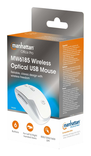 Miniatura 5 de Mouse Manhattan Óptico, 6 Botones, 1600 DPI, RF inalámbrico, 10 m, Blanco